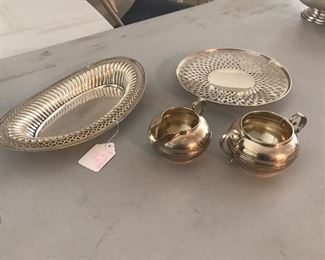 Sterling cream and sugar and Sterling serving plates