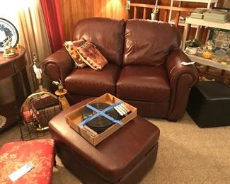 Lane leather loveseat and ottoman