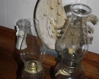 Two of the hurricane lamps that are spread throughout the house.  Check out the wooden chicken who had lost her head.  She's a cutie.