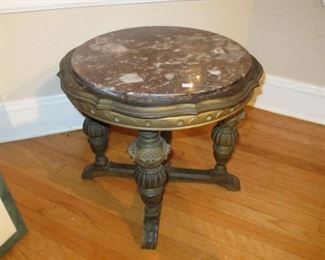 Small octagonal table with marble top & carved wood base