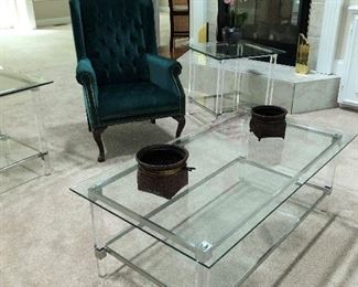 chome, lucite and glass coffee table and two end tables, wingback chair