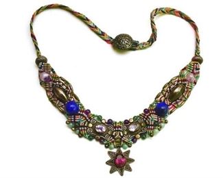 16. Woven and Beaded Statement Necklace with Silver Charm