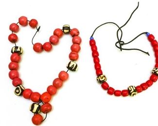 29. Two 2 Chunky Coral and African Bead Necklaces on Leather Cord