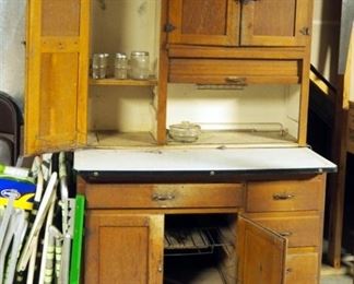 Vintage Solid Wood Bakers Cabinet With 4 Drawers, Enamel Top and Caster Wheels, 70" x 42" x 25"