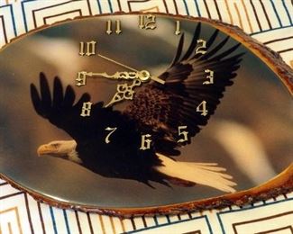 Battery Powered American Eagle Raw Wood Wall Clock, 10" x 17" And Plaque