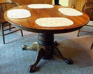 Solid Oak Ball And Claw Round Pedestal Table Made In California With Leaf, 30" x 48" With 24" Lea