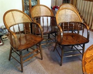 Solid Oak Barrel Chairs With Rattan Back, Qty 4