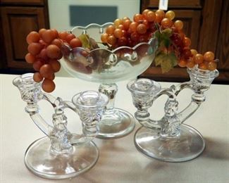 Glass Pedestal Bowl And Matching Glass Candelabras