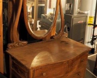 Antique 2 Drawer Dresser With Oval Beveled Glass Mirror And Wood Casters, 67" x 36" x 18"