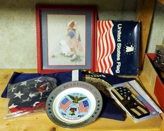 Patriotic Items Including Framed Print Collectors Plate, Flags And More