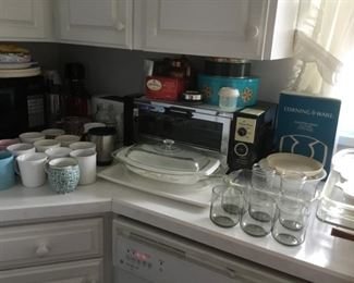 Microwave, Toaster Oven, Mugs, Pyrex, Tins