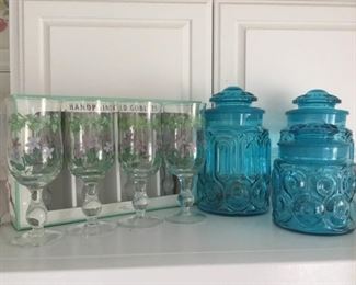Hand Painted Glasses,  L E Smith Blue Moon and Stars Canisters