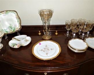 Gold Gilt Trim porcelain, Hand Painted Porcelain, Cut Crystal Vase encased in gold decorative metal
