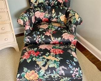 Floral upholstered chair and ottoman
