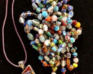 Dichrite pendant necklace and extra long beaded necklace