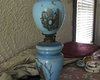 Vintage hurricane Lamp with Victorian scene.  Good condition.  $85