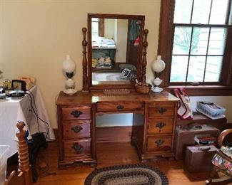 pine dresser(dovetailed) with milk glass dresser lamps, vintage luggage