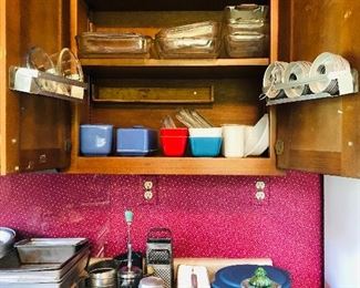 vintage kitchen items-vintage aluminum coffee pot with uranium glass dome, refrigerator dishes, pyrex, etc....
