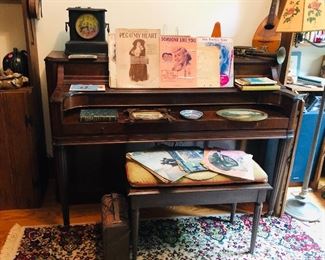 acrosonic piano and bench, vintage sheet music(there is a lot of sheet music), sessions mantle clock, mandolin, trumpet, violin