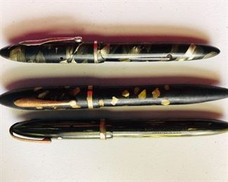 Vintage Sheaffer cartridge pens: Sheaffer Balance Lifetime 875 - Slim Lever Filler, Green Striated, Fine Nib (Bottom one). Other 2 abalone