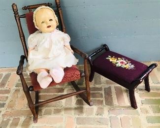 Antique  1940's doll, childs rocker and needlepoint footstool 