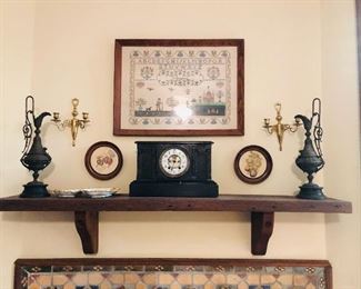 abc cross stitch, brass ewers, sconces and eastlake clock with key