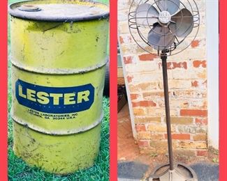 Vintage 50 gallon drum and Cold Wave vintage fan on cast iron stand