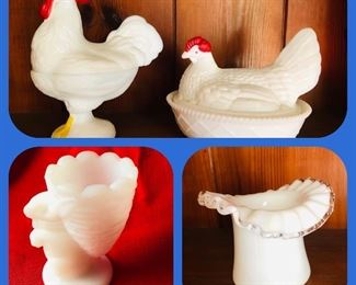 Westmoreland rooster and hen , Fenton rabbit and ruffle edge top hat