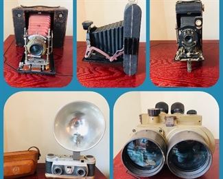 no 4 cartridge kodak model e early 1900s camera, kodak no 1 kodex camera, stereographic camera with flash and case, WW2 german binoculars