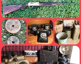 daisy bb gun, grinding stones, vintage 1940s telephones, vintage all bucket and gas cans, vintage cameras