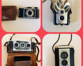 bantam with case(bakelite 1930s), 1950s kodak brownie starflash, stereo realist with case and phptoflash attachment(1950s), brownie reflex(1941)