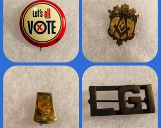 Vintage pins including woodmen of the world and junior mechanics