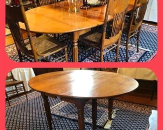 Cherry drop leaf dining table with 3 leaves and pads. Fully extended it measures 93x45.  With the leaves out it measures 56.5 x45.  