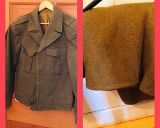 WW2 jacket, good condition with paint on the bottom left and a small amount on the front, a tear in the lining/WW2 army blanket 