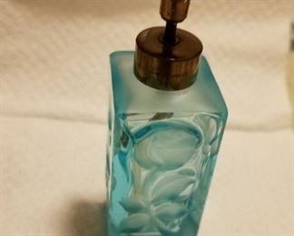 Engraved floral tall 4 sided aqua with brass & rhinestone pump stopper (small chip) $30