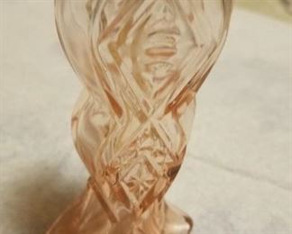 West Germany Pink tall ornate embossed  with crystal & brass top (bottom rim has small fleas) $75