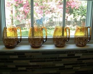 4 Amber Crackle Glass Mugs