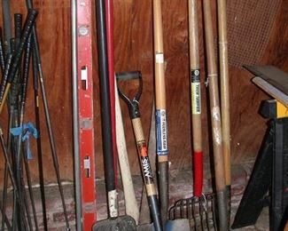 shovels, pitchforks, level, golf clubs