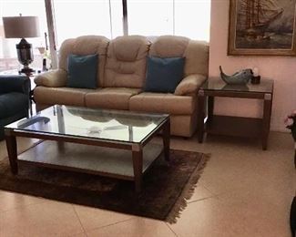 Living Room Furniture,  Leather Sleeper, Coffee Table, End Tables, Lamps