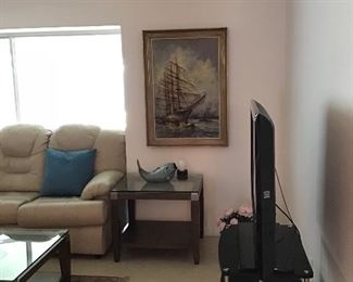 Samsung TV,  Nautical Art, Leather Sleeper, Coffee Table, End Tables