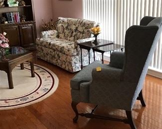 Wing Back Chair, Loveseat, Rug, Coffee Table