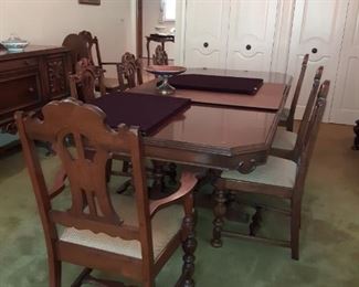 Stunning 1940s Dining Room Table with 8 Chairs, Matching China Cabinet and Sideboard