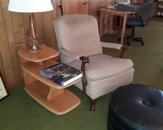 1930's Armchair, Vintage Footstool, Wannabe-Heywood Wakefield three-tier Table