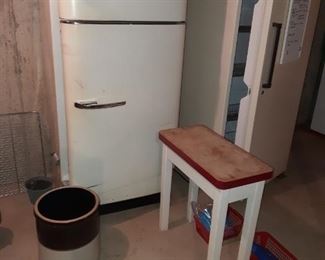 Vintage Refrigerator, Crock, Small Side Table