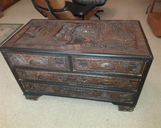 Antique Asian carved wood 3 drawer chest