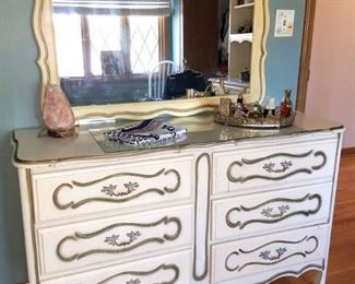 Full bedroom set. White dresser with gold trim