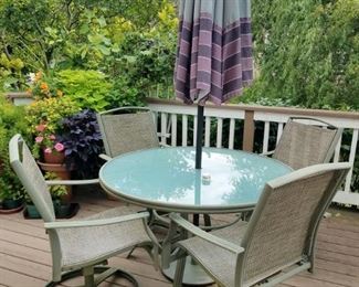 Patio table, chairs, umbrella