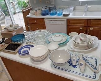 Kitchen misc. Pfaltzgraff, Willow ware, spongeware, and more
