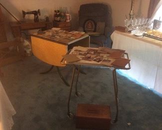 Yellow vintage table. Vintage tea cart