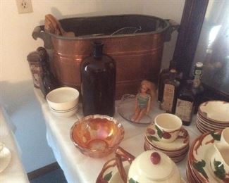 Old medicine bottles, copper boiler